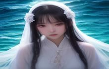 空之色水之色女主角水濑叶月人物形象，长发少女站在海边，眼神深邃，身着白色夏日服装，给人忧郁而温柔的印象