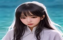 空之色水之色女主角真咲人物形象，神秘少女坐在窗边，侧脸轮廓清晰，气质内敛，背景是模糊的海景